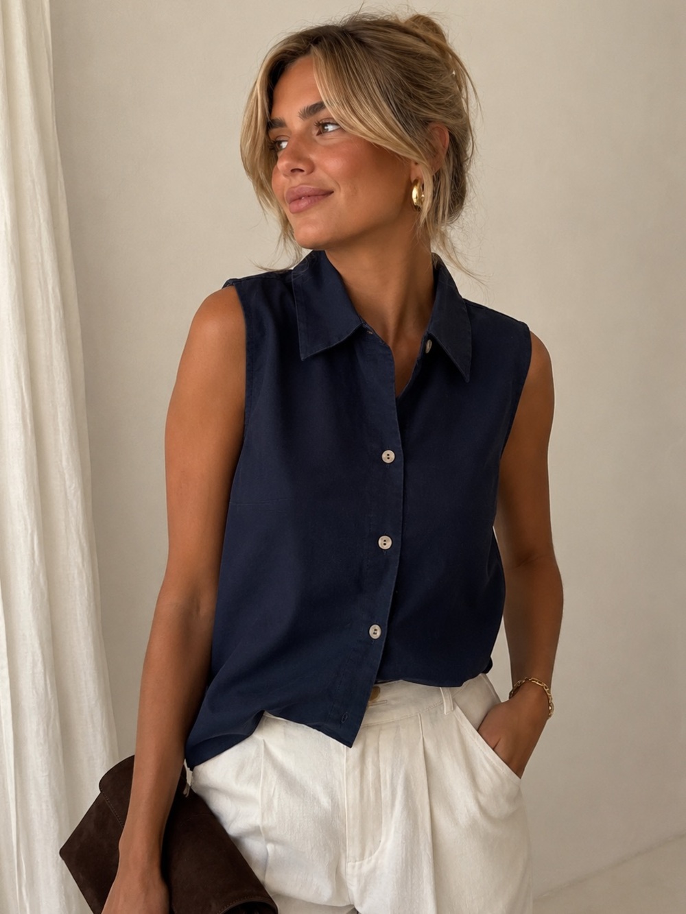 Vince Navy Hemp Cotton Sleeveless Button Front Blouse S Quiet Luxury Minimalist